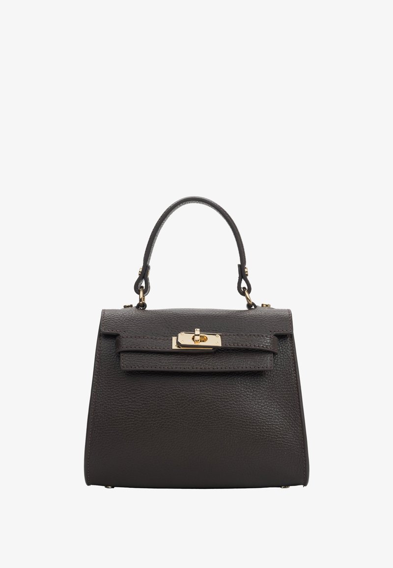 Czarna skórzana torebka o zrównoważonym kształcie, z górną rączką i złotymi akcentami. Posiada klapkę z przodu z zapięciem na zatrzask.