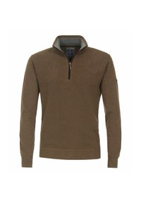 Brauner Pullover mit einem Viertel-Reißverschluss-Kragen, strukturiertem Stoff und grauem Innenfutter, ausgestattet mit langen Ärmeln und einem taillierten Saum.