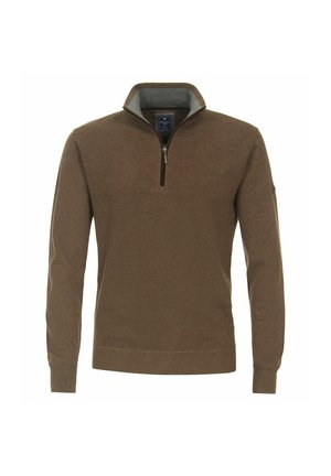 Bruine pullover trui met een kwart-rits kraag, gestructureerde stof en een grijze binnenvoering, met lange mouwen en een aansluitende onderrand.