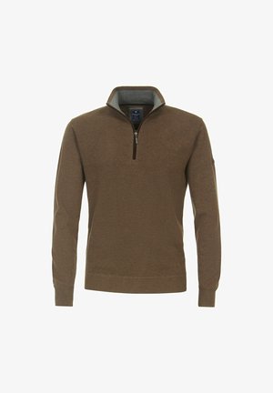 Brązowy sweter z półsuwnym kołnierzem, o teksturowanej tkaninie i szarej podszewce, z długimi rękawami i dopasowanym wykończeniem.
