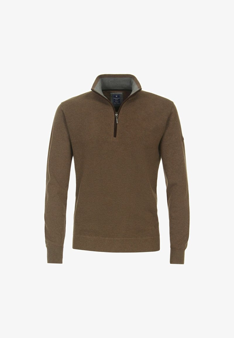 Brauner Pullover mit einem Viertel-Reißverschluss-Kragen, strukturiertem Stoff und grauem Innenfutter, ausgestattet mit langen Ärmeln und einem taillierten Saum.