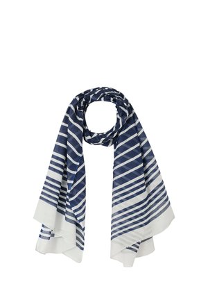 Marineblauer und weißer Schal mit diagonalen und horizontalen Streifen, locker gewickelt zu einer Schlaufe oben vor weißem Hintergrund.