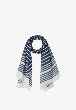 Bufanda azul marino y blanca con rayas diagonales y horizontales, envuelta flojamente para formar un lazo en la parte superior sobre un fondo blanco.