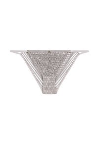 String gris en dentelle avec un motif géométrique, panneaux latéraux transparents et une partie centrale solide. Bretelles délicates et accents de quincaillerie minimalistes.