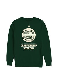Sweatshirt verde con una grafica di pallacanestro crema e testo: "Fine settimana del campionato del torneo di pallacanestro delle tre città". Design classico con colletto a girocollo.