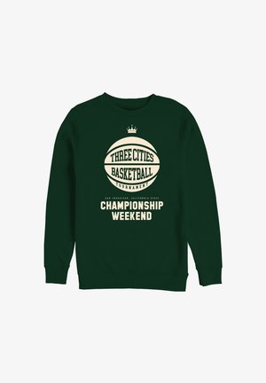 Sweatshirt verde con una grafica di pallacanestro crema e testo: "Fine settimana del campionato del torneo di pallacanestro delle tre città". Design classico con colletto a girocollo.