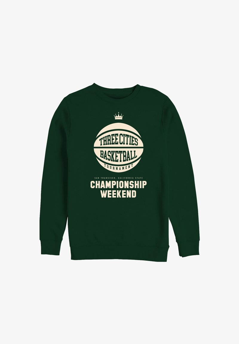 Grüner Sweatshirt mit einem cremefarbenen Basketball-Graphic und dem Text: "Drei Städte Basketballturnier Meisterschaftswochenende." Klassisches Rundhalsdesign.