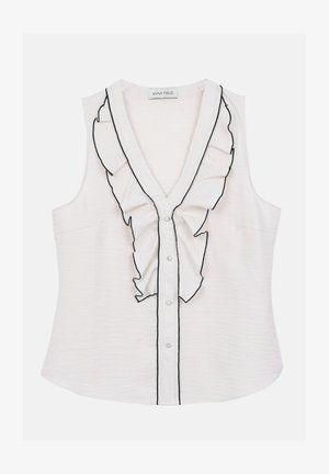 Balta be rankovių bluzelė su V formos iškirpte, papuošta juodais volanais per visą priekį ir mygtukų uždarymu. Audinys su tekstūra ir lygiu paviršiumi.