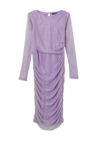 Langärmliges lila Kleid mit Raffung, strukturiertem Stoff mit subtiler Farbnuance, rundem Ausschnitt und Schlüsselhole-Verschluss auf der Rückseite.