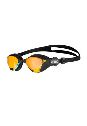 Schwarze verstellbare Schwimmbrille mit orange getönten Gläsern und "arena"-Logo am Seitenriemen, isoliert auf weißem Hintergrund.