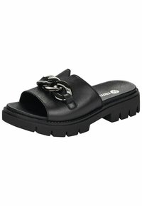 Black leather slide sandals with open toe, chunky black rubber sole, and decorative metallic chain accent on the strap.