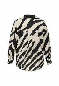 Črna in bela črtasta dolgosleeva majica, ki ima sproščen kroj, mehak material, ovratnik in zapenjanje na manšetah za sproščen videz.