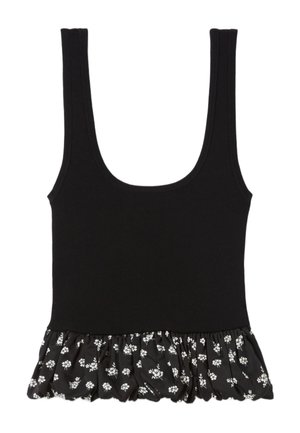 Top negro sin mangas con escote redondeado, que presenta un dobladillo con volantes en una tela negra adornada con pequeños patrones florales blancos.