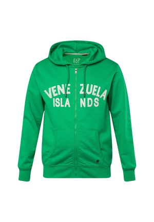 Groene ritssluiting hoodie met de tekst "VENEZUELA ISLANDS" in het wit op de borst, voorzakken en een hoodie met trekkoord.