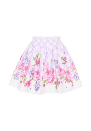 Jupe blanche avec taille élastique présentant un motif floral rose et violet le long de l'ourlet et un fond à carreaux violet pâle.
