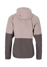 Hættejakke med to-farvet design; lys beige øverste del og mørkegrå nederste del; glat, vandafvisende materiale; minimal dekoration.