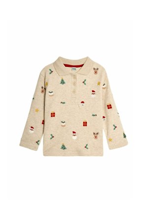 Beige langærmet polo T-shirt med festlig broderi inklusive julesne, rensdyr, juletræer, gaver og stjerner. Tre knaplukninger.