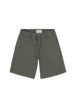 Pantalones cortos grises con cintura elástica, cordón, dos bolsillos laterales y corte recto. Hechos de una tela ligera, adecuados para uso casual.