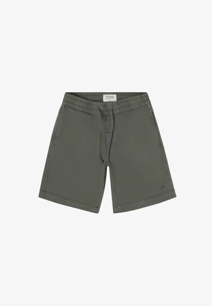 Pantalones cortos grises con cintura elástica, cordón, dos bolsillos laterales y corte recto. Hechos de una tela ligera, adecuados para uso casual.