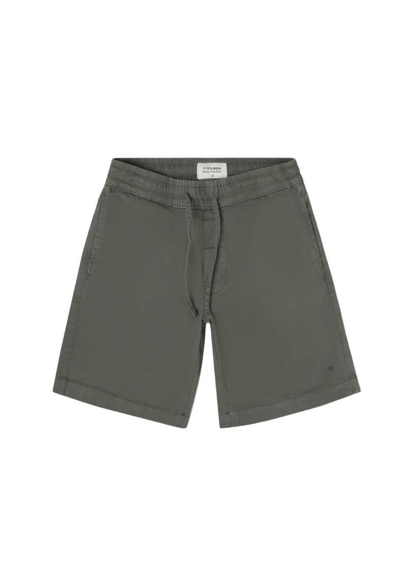 Pantalones cortos grises con cintura elástica, cordón, dos bolsillos laterales y corte recto. Hechos de una tela ligera, adecuados para uso casual.
