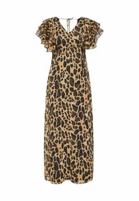Abito midi in stampa leopardo beige e nero, con maniche arricciate, scollatura a V e dettaglio con lacci sul retro. Realizzato in tessuto leggero.