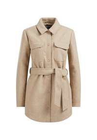 Beige košile s blejzrem z vlněn é směsi, s límečkem, předními knoflíky, dvěma náprsními kapsami a páskem v pase. Hladká textura.