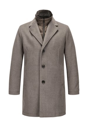 Grauer Herren-Wollmantel mit drei vorderen Knöpfen, Seitentaschen und einer Reißverschluss-Innenschicht mit hohem Kragen.