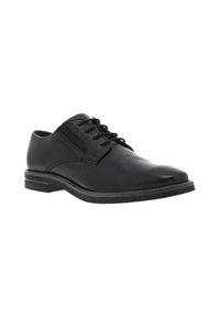 Chaussure habillée en cuir noir avec un bout rond, fermeture à lacets et une semelle texturée. Présente une finition lisse et un design minimaliste.
