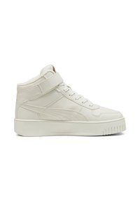 Beige High-Top-Sneaker aus Leder mit Schnürung und Klettverschluss. Verfügt über strukturierte Einsätze und eine dicke Gummisohle mit Rillen.