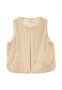 Beige faux fur-väst med en mjuk textur, utan ärmar, rundad halsringning och två framfickor. Har ett slätt innerfoder.