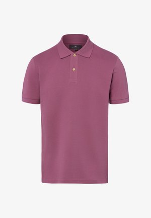 Męska koszulka polo w kolorze śliwkowym z krótkim rękawem, kołnierzykiem i dwoma beżowymi guzikami na plisie.