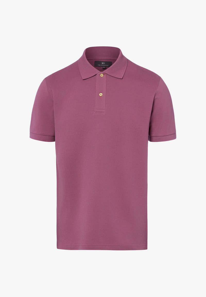 Herren-Polohemd mit kurzen Ärmeln in Pflaumenfarbe, mit Kragen und zwei beigen Knöpfen auf der Knopfleiste.