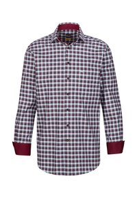Camicetta con bottoni in un motivo a quadri borgogna, blu e bianco. Presenta un colletto e polsini color maroon, oltre a una tasca sul petto.