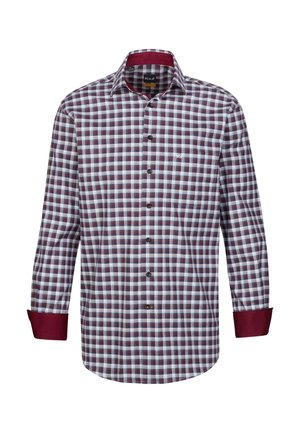 Camicetta con bottoni in un motivo a quadri borgogna, blu e bianco. Presenta un colletto e polsini color maroon, oltre a una tasca sul petto.