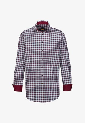 Karobluse in Burgunderrot, Blau und Weiß. Mit einem kastanienbraunen Kragen und Manschetten sowie einer Brusttasche ausgestattet.