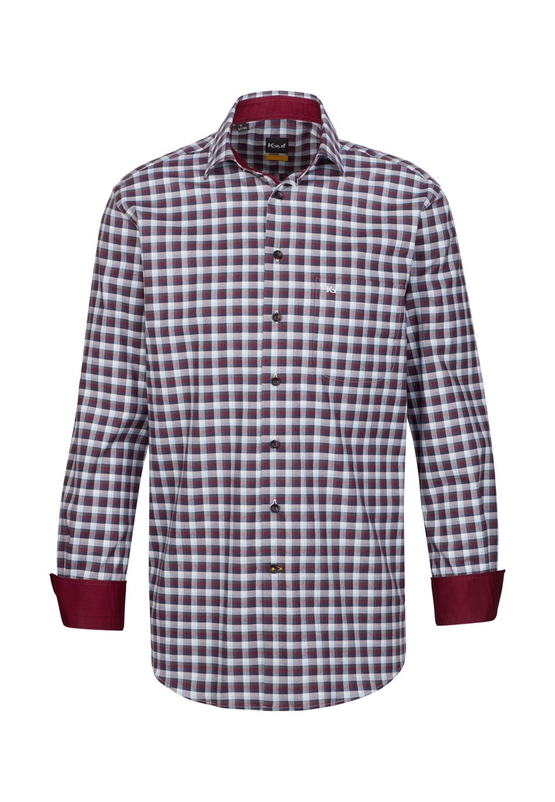 Camicetta con bottoni in un motivo a quadri borgogna, blu e bianco. Presenta un colletto e polsini color maroon, oltre a una tasca sul petto.
