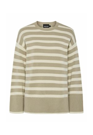 Beige ja kergelt kreemjas triibuline sviiter, millel on ümmargune kaelus ja pikad varrukad, sisaldab ribatreenitud mansette ja allaosa. Pehme kudumise tekstuur. Brändi silt on nähtav.