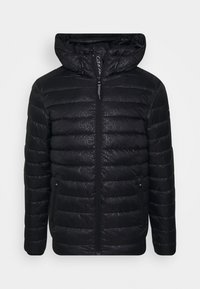 Black puffer jacket with a hood, featuring a quilted design and subtle logo pattern. Front zip closure and side pockets.