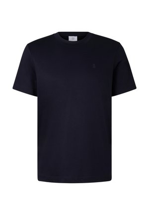 Marineblaues Baumwoll-T-Shirt mit kurzen Ärmeln, Rundhalsausschnitt und kleinem, geprägtem "B"-Logo auf der linken Brust. Weiche, glatte Textur.