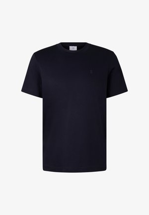 Marineblaues Baumwoll-T-Shirt mit kurzen Ärmeln, Rundhalsausschnitt und kleinem, geprägtem "B"-Logo auf der linken Brust. Weiche, glatte Textur.