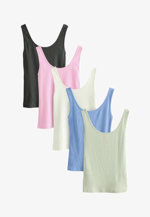 Zestaw pięciu bezrękawników w kolorach czarnym, różowym, białym, niebieskim i zielonym, z dekoltem w serek i lekkim materiałem.