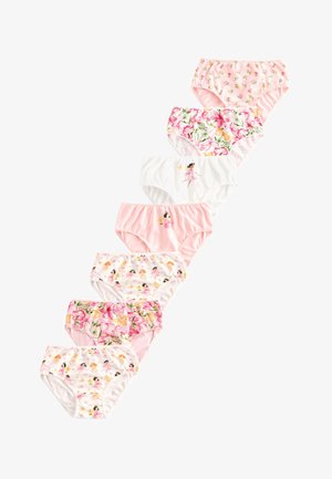 Sieben Mädchenunterhosen in verschiedenen Pastellfarben und mit Blumenmustern, ausgestattet mit Spitzenbesatz und spielerischen Illustrationen bei ausgewählten Designs.