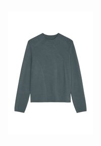 Grå långärmad pullover-tröja med rundad halsringning, slät yta och en avslappnad passform. Har en kortad fåll och inga synliga sömmar.