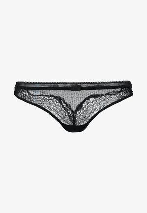 Czarne koronkowe stringi z kwiatowym wzorem, przezroczystą siateczką i satynową kokardką na pasku dla dodatkowej elegancji.