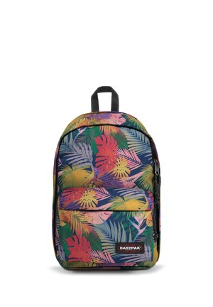 Zaino con motivo di foglie tropicali colorate in rosso, giallo, verde e viola, con tasca frontale con zip e maniglia nera.
