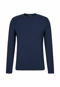 Langärmliges Hemd in Marineblau, aus weichem Stoff mit rundem Ausschnitt. Verfügt über eine glatte Textur und ein einfaches, minimalistisches Design.