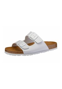 White two-strap sandal with adjustable buckles, cork footbed, and textured rubber sole. Sleek design with open toe and heel.