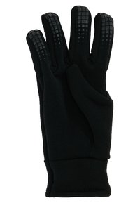 Zwarte handschoenen van zachte stof met gestructureerde zwarte gripaccenten op de vingertoppen en de handpalmen; fitted manchetontwerp voor een comfortabele pasvorm.