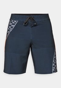 Navy beach shorts with patterned side panel, drawstring waistband, smooth texture, contrasting color accents, and horizontal line details.