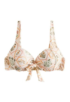 Blomstret bh med bøjle, brede stropper og central frontknude i fersken-, grønne og orange nuancer på en lys baggrund.